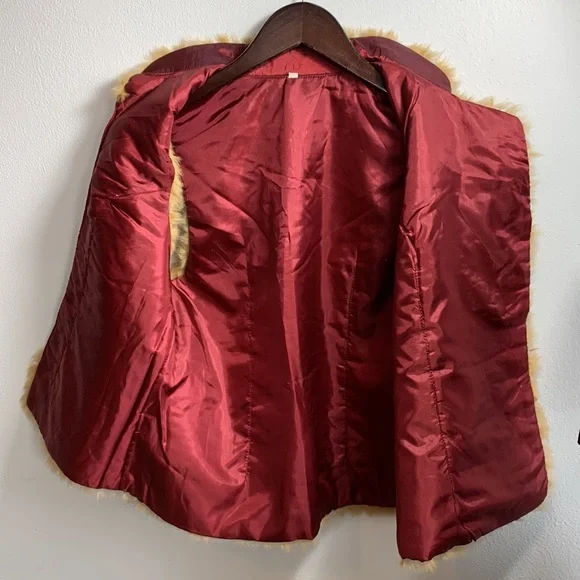 Antique Floral Embroidered Burgundy Silk Vest with Golden Fur Trim, frog toggles - Picture 6 of 12